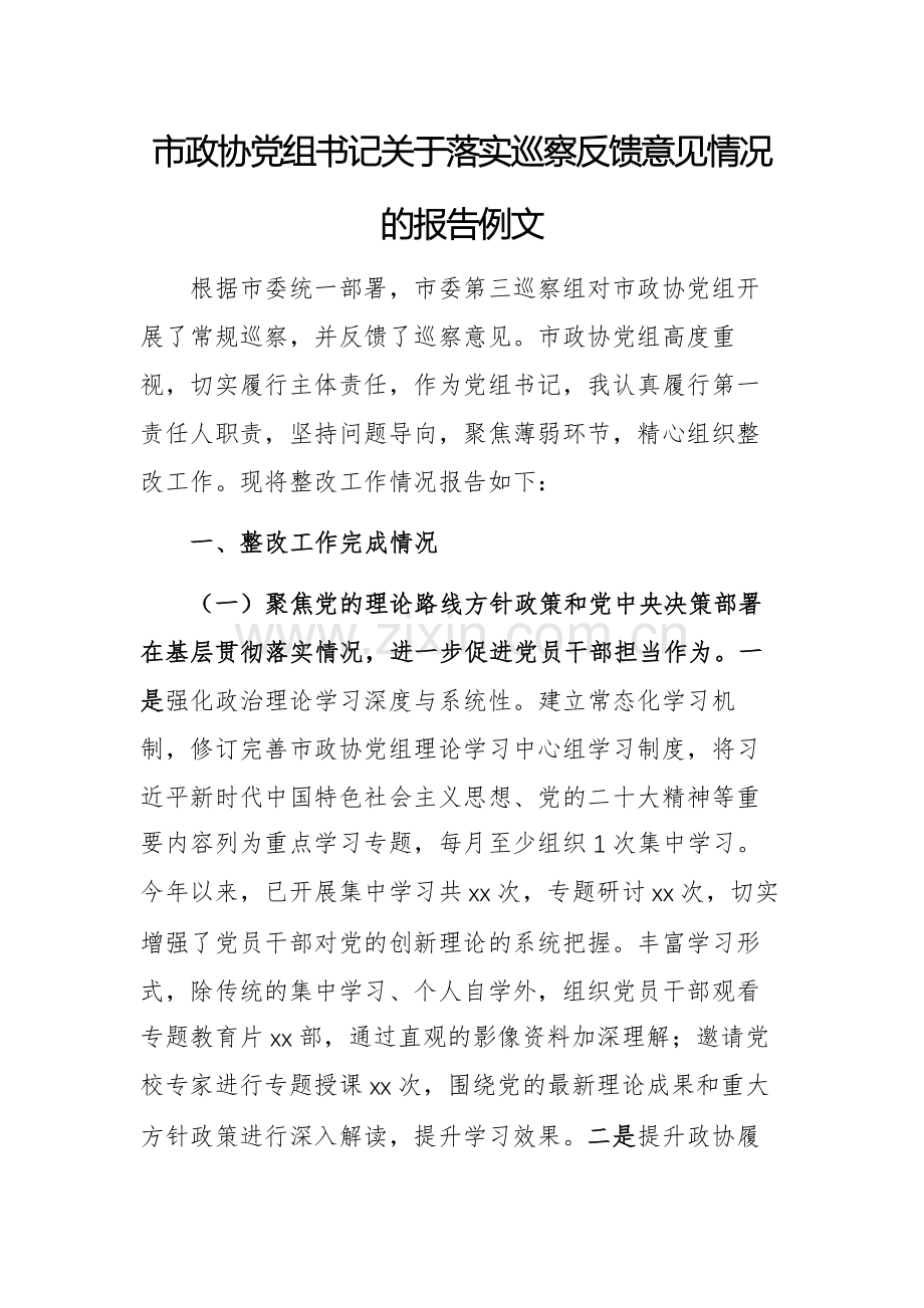 市政协党组书记关于落实巡察反馈意见情况的报告例文.docx_第1页
