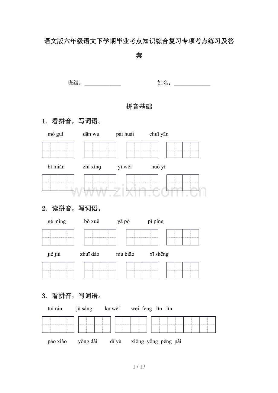 语文版六年级语文下学期毕业考点知识综合复习专项考点练习及答案.doc_第1页