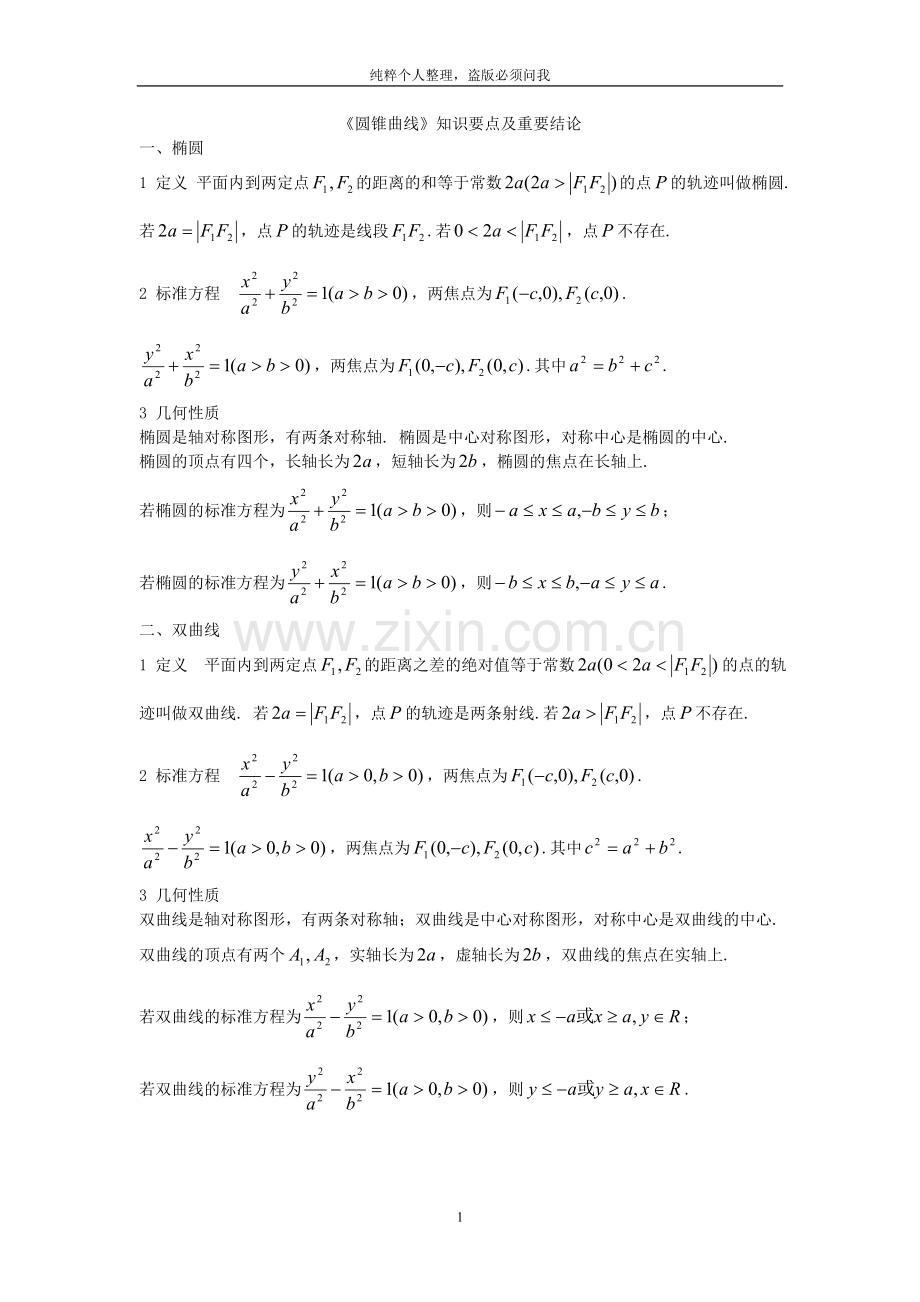 圆锥曲线知识要点及结论个人总结.doc_第1页