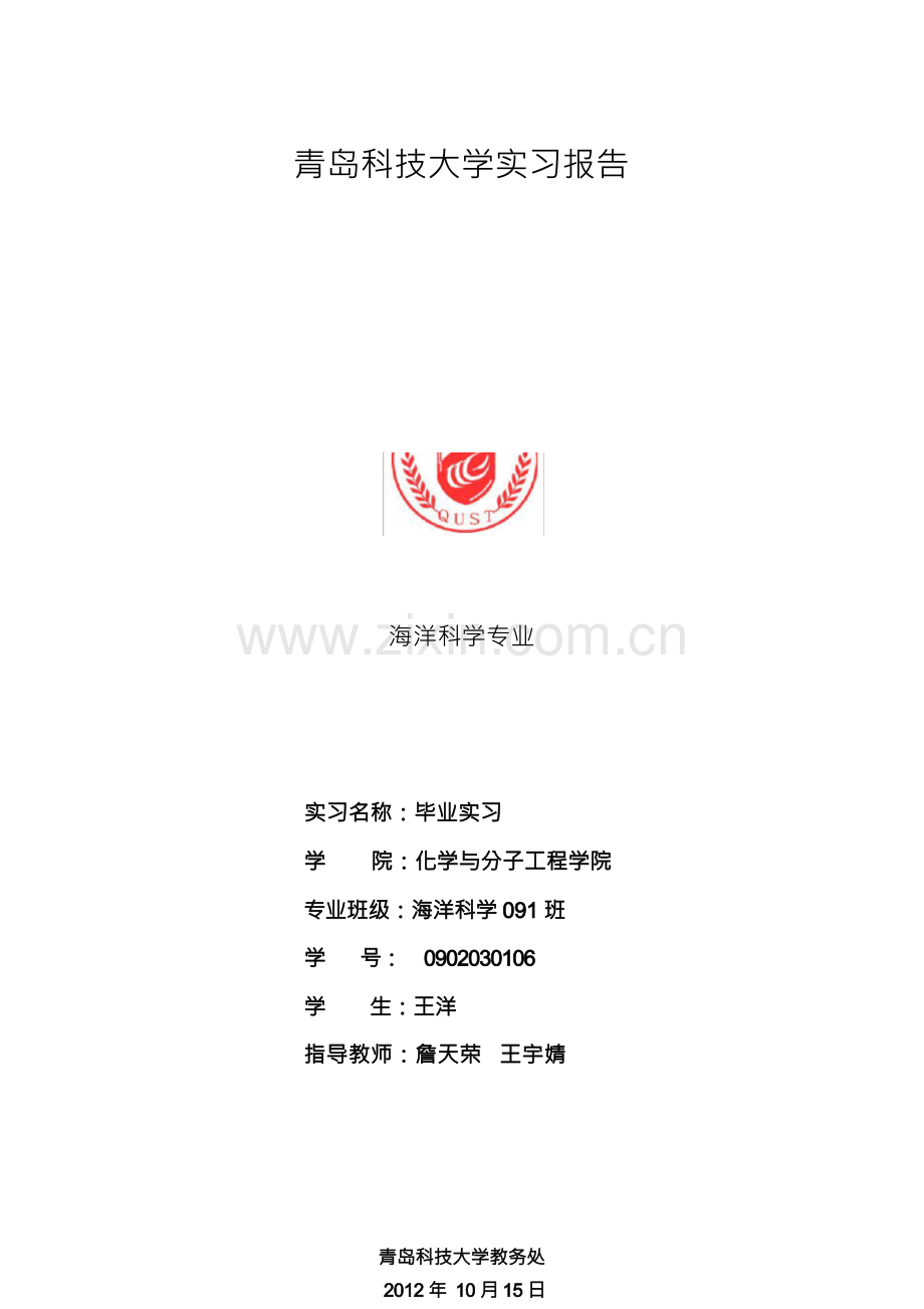 毕业实习报告模板,青岛科技大学,青科大,海洋化学.docx_第1页
