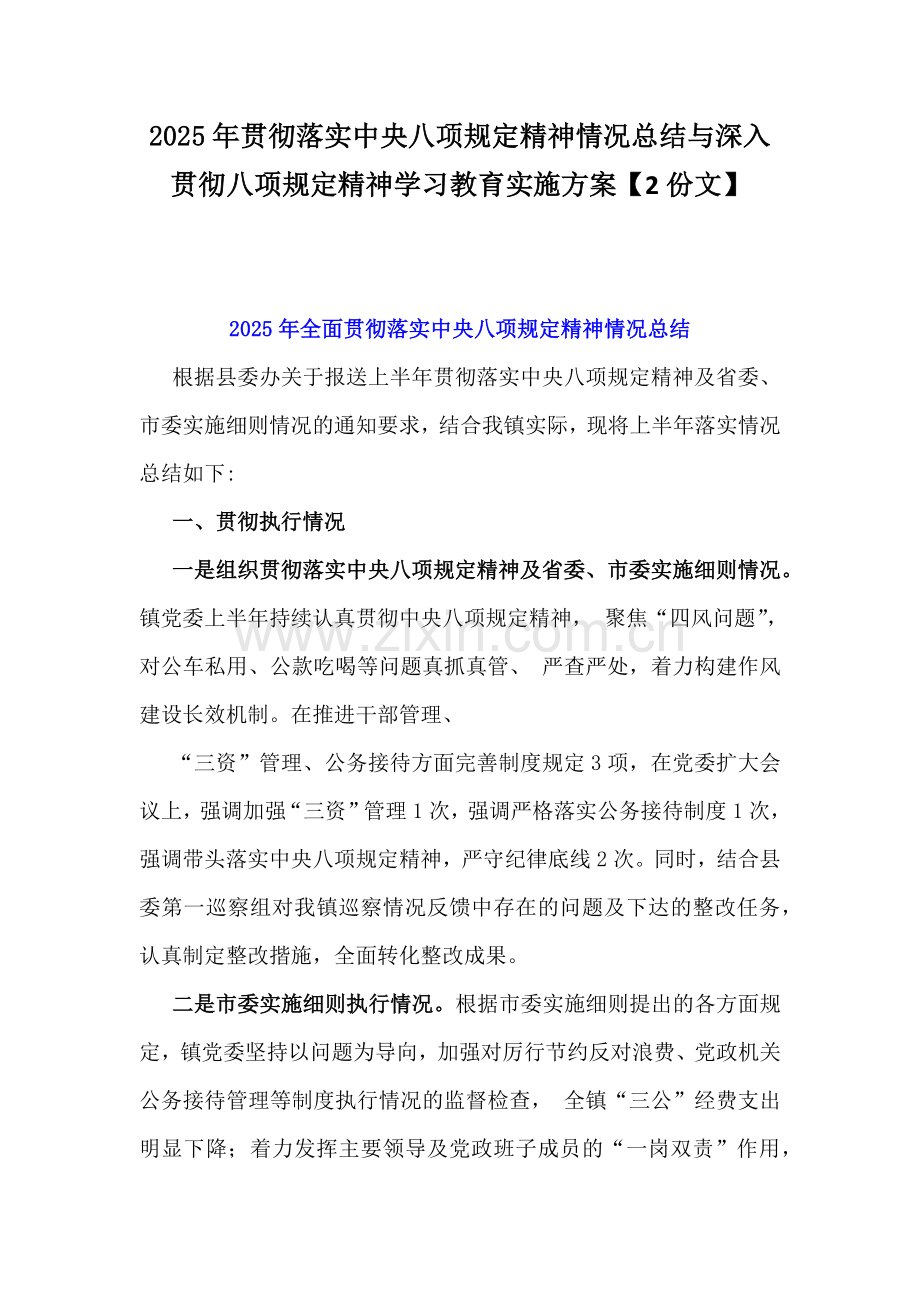 2025年贯彻落实中央八项规定精神情况总结与深入贯彻八项规定精神学习教育实施方案【2份文】.docx_第1页