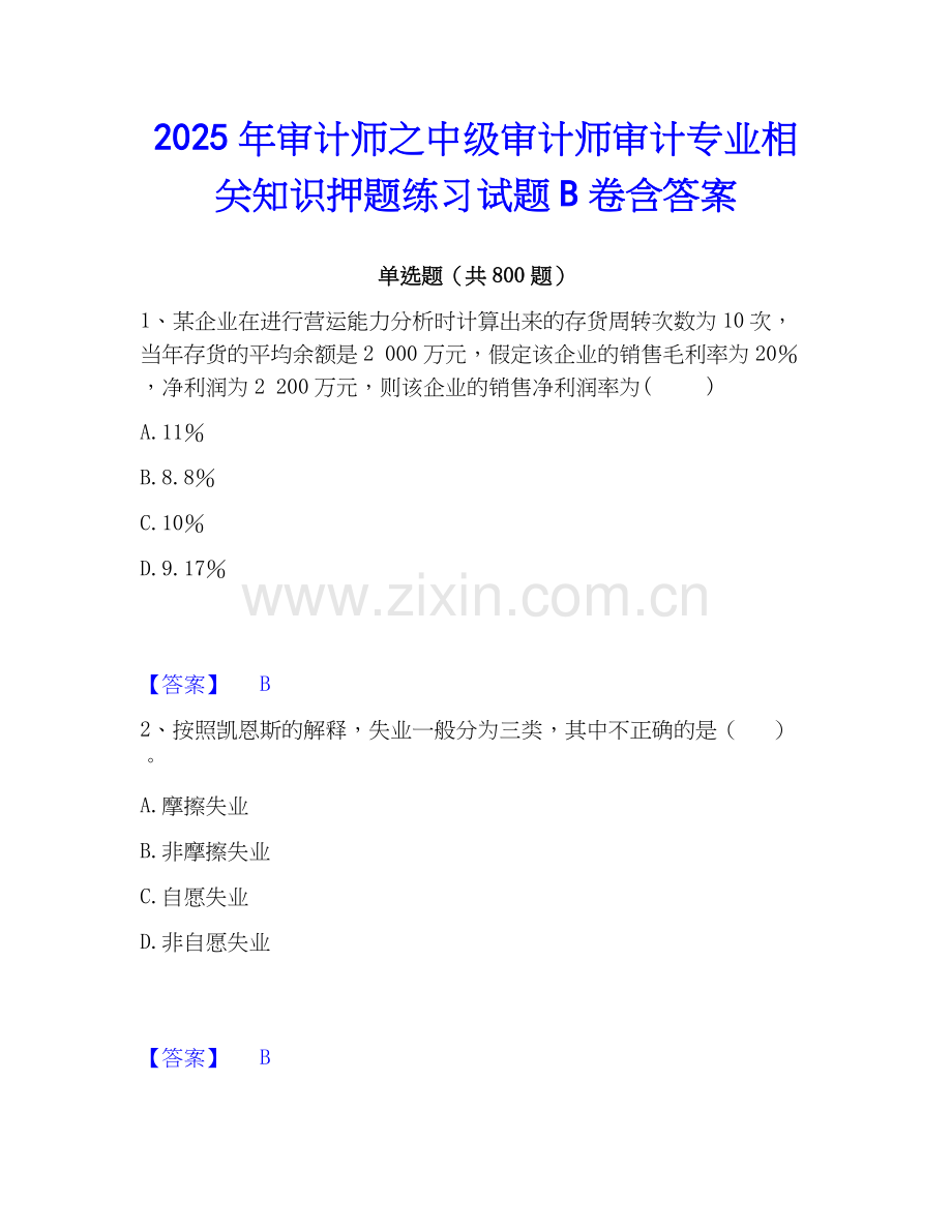 2025年审计师之中级审计师审计专业相关知识押题练习试题B卷含答案.docx_第1页
