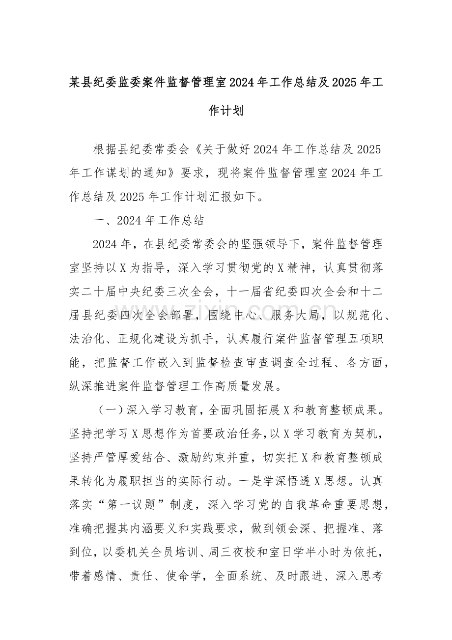 某县纪委监委案件监督管理室2024年工作总结及2025年工作计划.docx_第1页