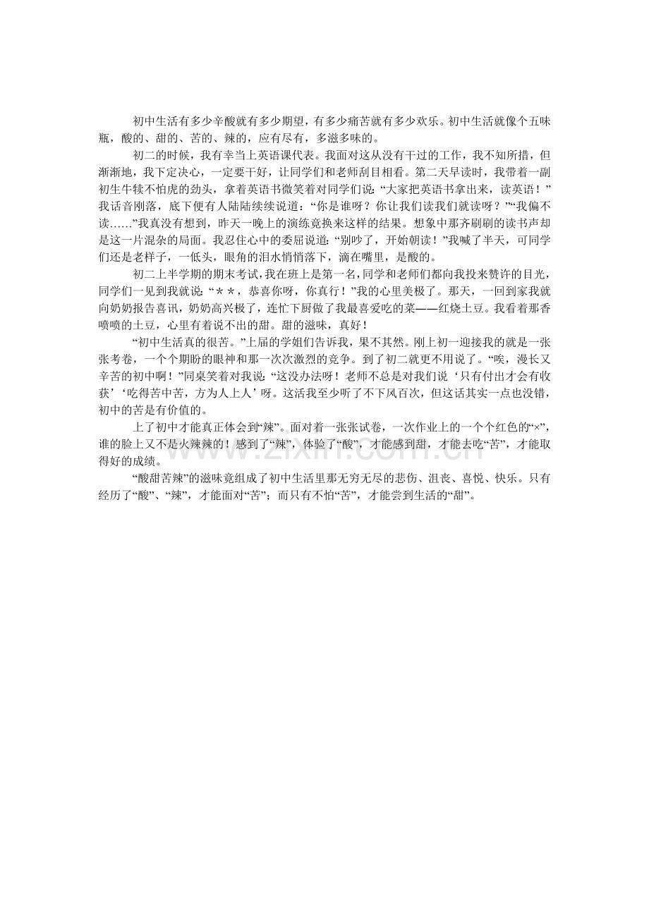 初中生活的酸甜苦辣初中优秀作文.doc_第1页