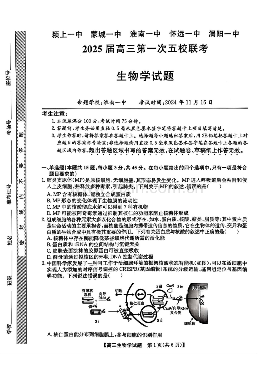 2025届安徽省五校联考高三11月联考(一)-生物试题（含答案）.docx_第1页