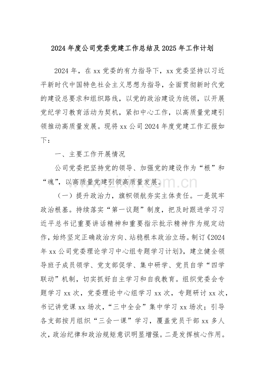 2024年度公司党委党建工作总结及2025年工作计划.docx_第1页