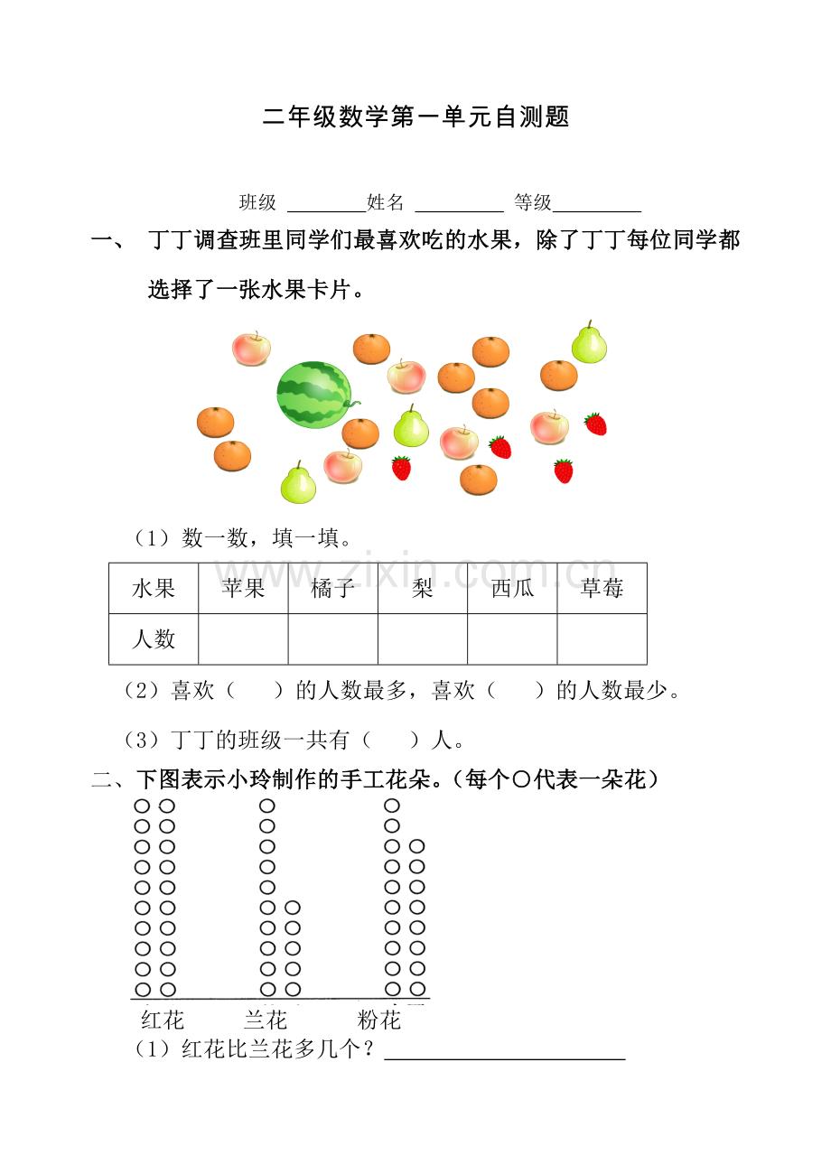 人教版小学二年级数学下册全册单元试题含期中期末.doc_第1页
