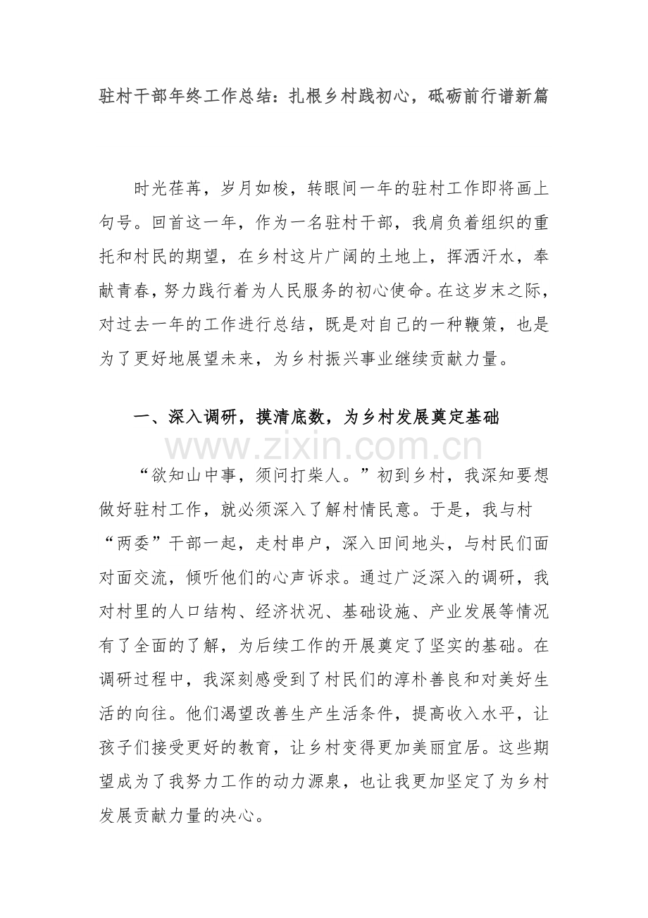 驻村干部年终工作总结：扎根乡村践初心砥砺前行谱新篇.docx_第1页