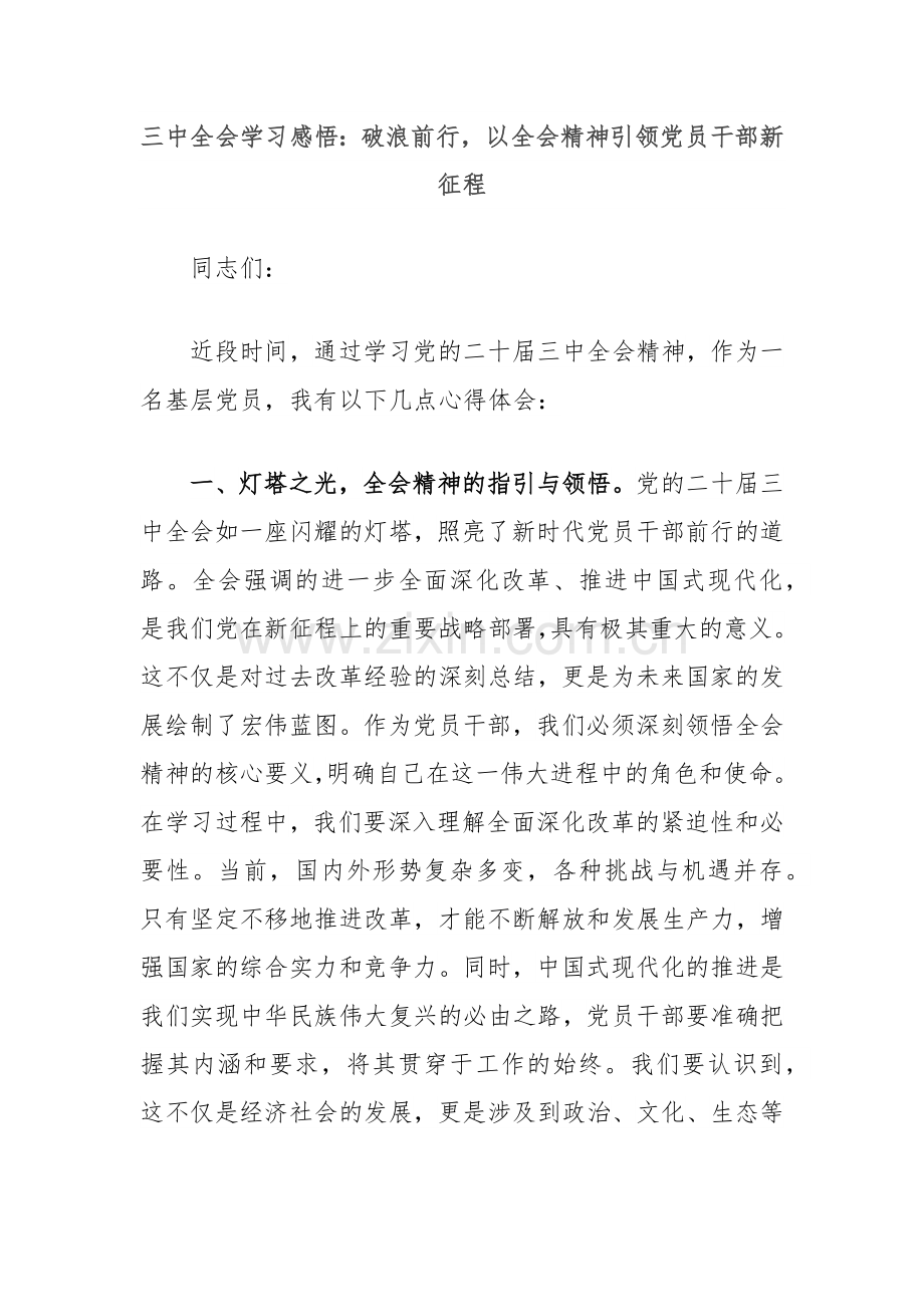 三中全会学习感悟：破浪前行以全会精神引领党员干部新征程.docx_第1页
