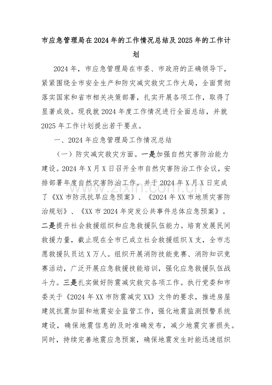 市应急管理局在2024年的工作情况总结及2025年的工作计划.docx_第1页