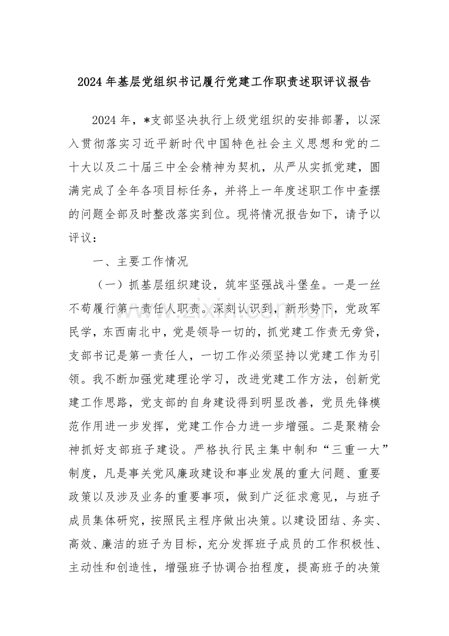 2024年基层党组织书记履行党建工作职责述职评议报告.docx_第1页