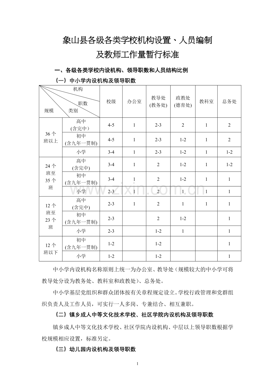象山县各经有各类学校机构设置人员编制及教师工作量暂行标准.doc_第1页
