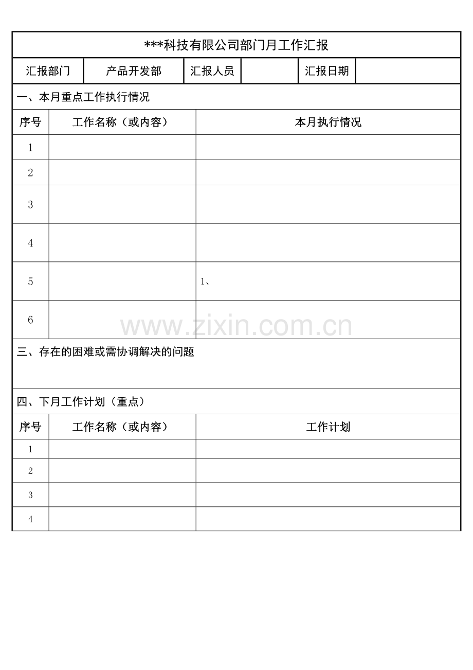 科技公司产品开发部工作月报模板.doc_第1页