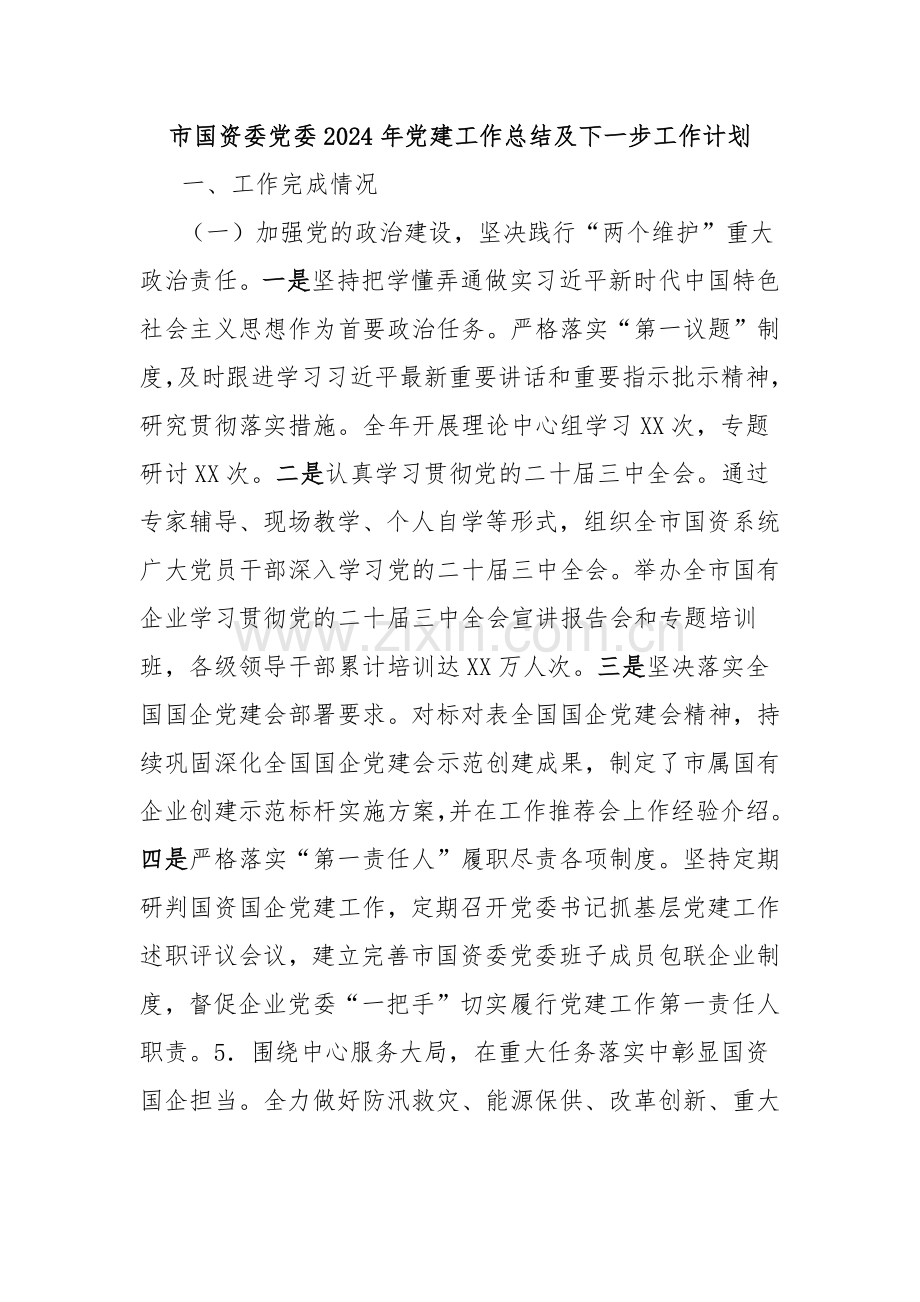 市国资委党委2024年党建工作总结及下一步工作计划.docx_第1页