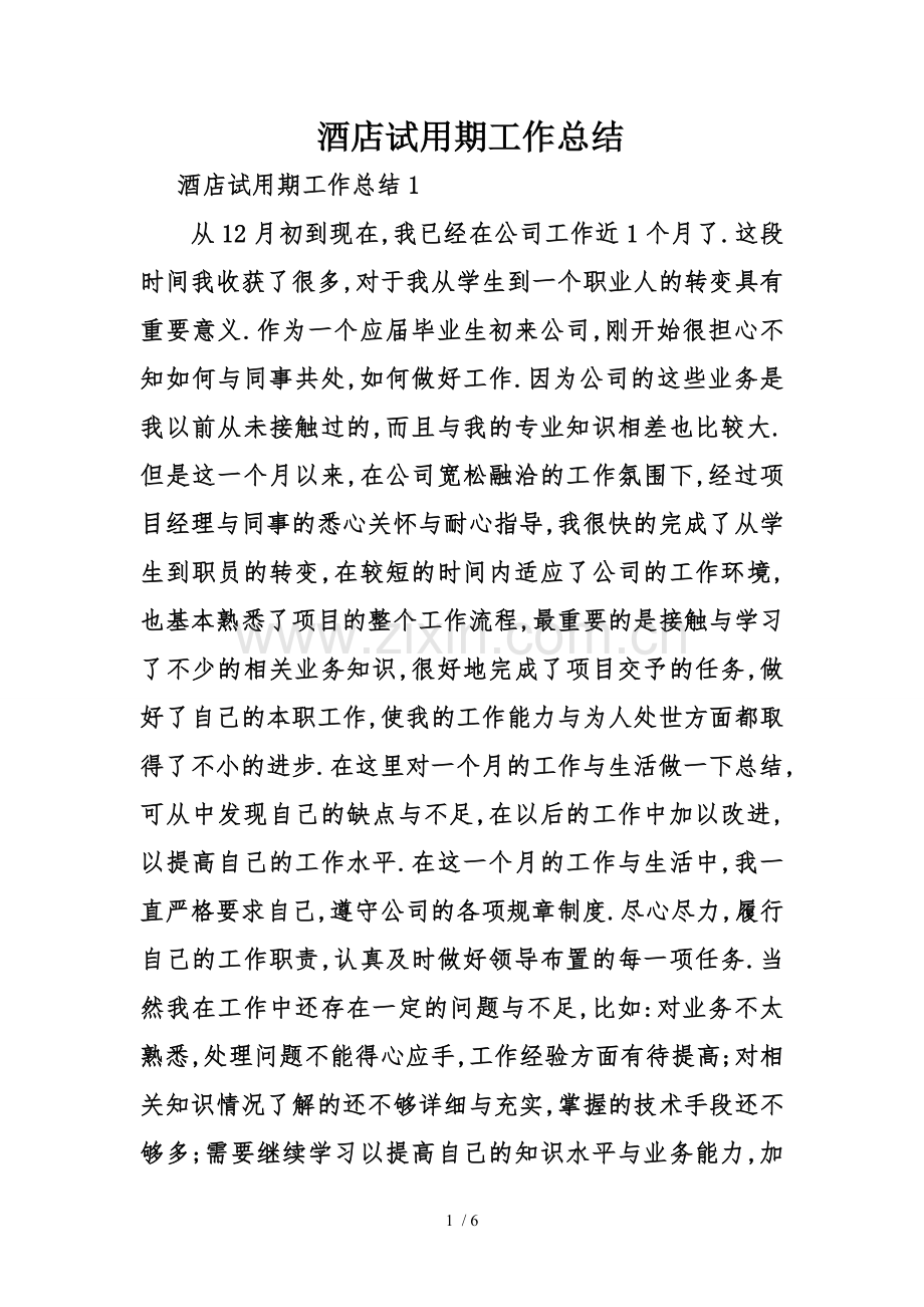 酒店试用期工作总结.doc_第1页