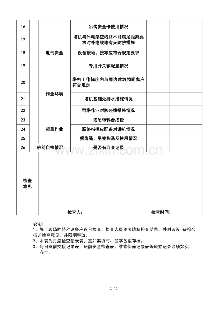 塔吊安全检查记录表(标准模板).doc_第2页