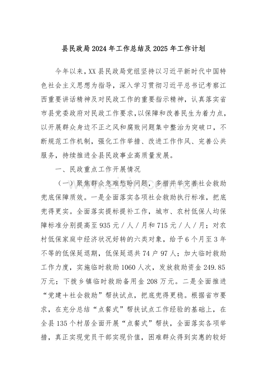 县民政局2024年工作总结及2025年工作计划.docx_第1页