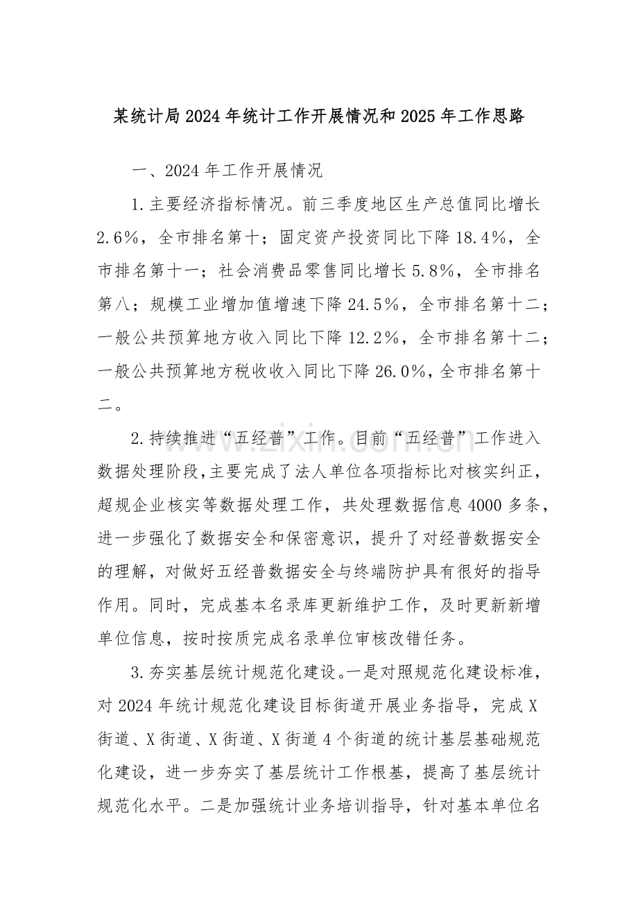 某统计局2024年统计工作开展情况和2025年工作思路.docx_第1页
