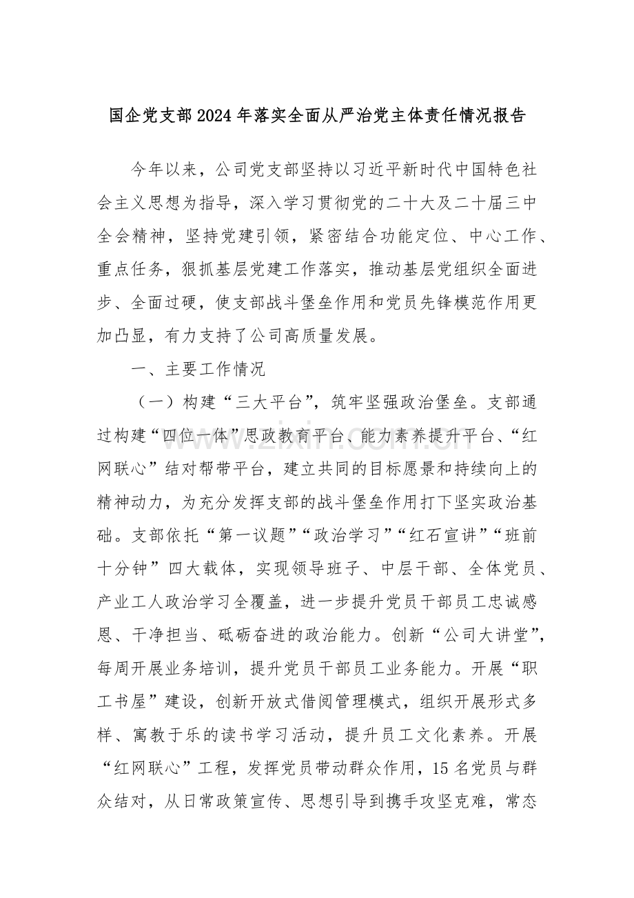 国企党支部2024年落实全面从严治党主体责任情况报告.docx_第1页
