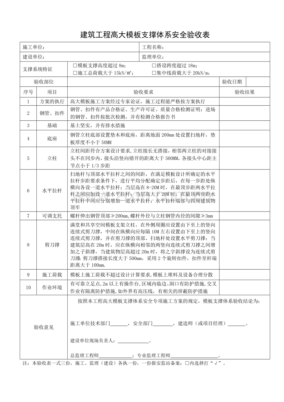 建筑工程高大模板支撑体系安全验收表.doc_第1页