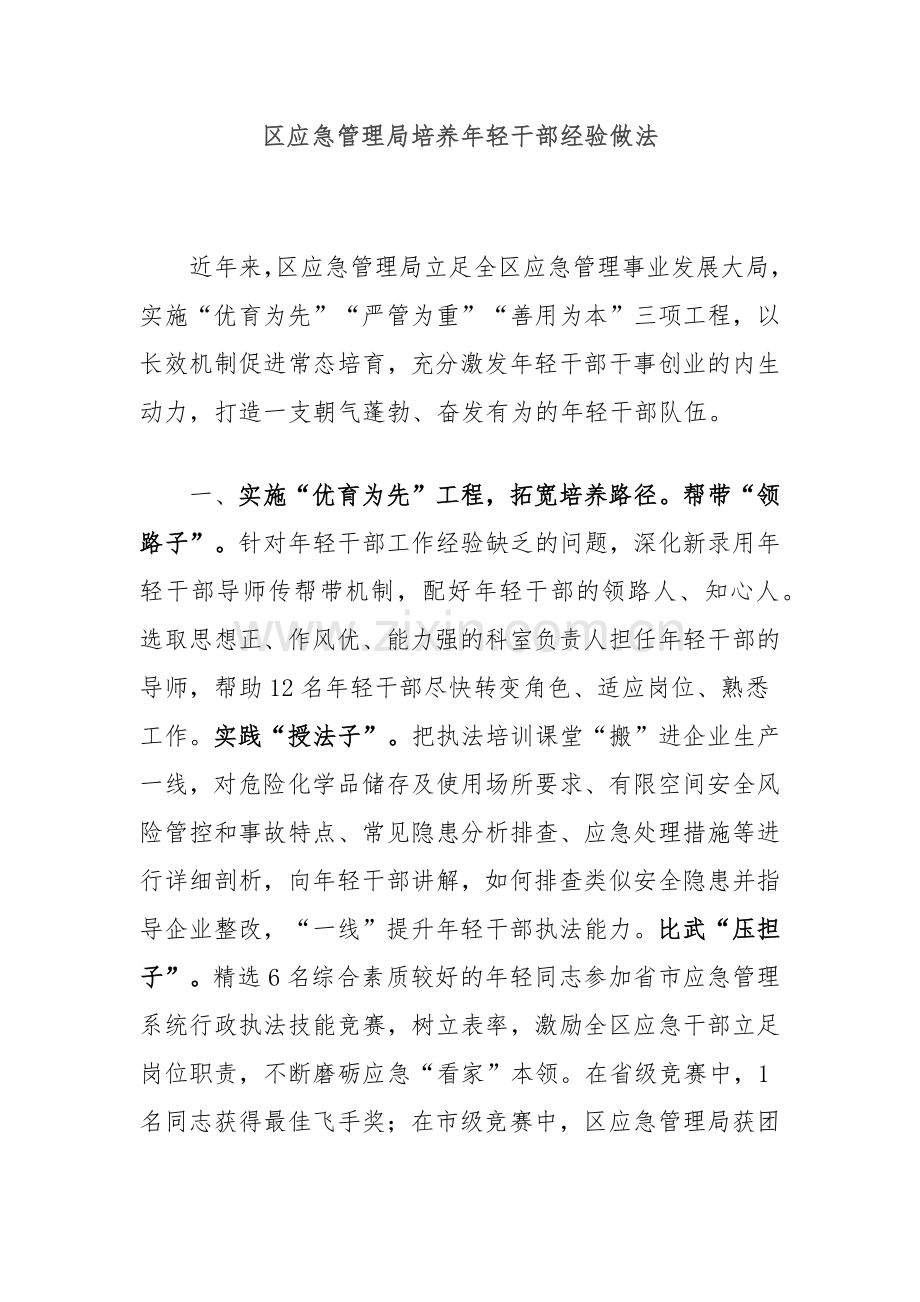 区应急管理局培养年轻干部经验做法.docx_第1页