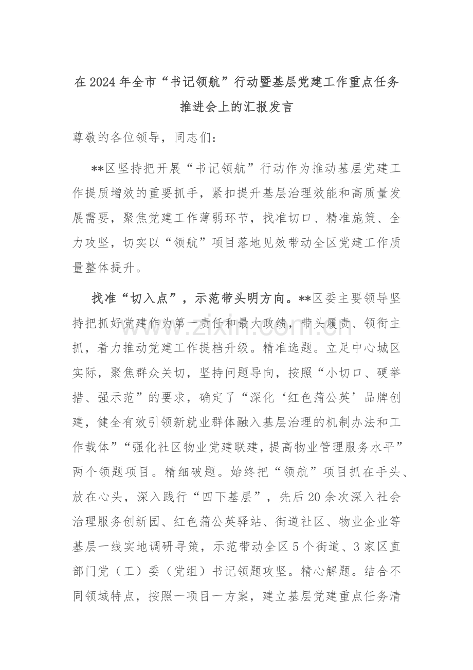 在2024年全市“书记领航”行动暨基层党建工作重点任务推进会上的汇报发言.docx_第1页
