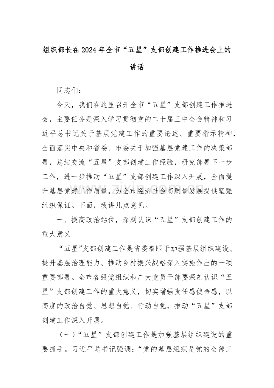 组织部长在2024年全市“五星”支部创建工作推进会上的讲话.docx_第1页