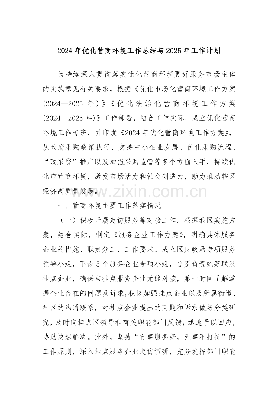2024年优化营商环境工作总结与2025年工作计划.docx_第1页