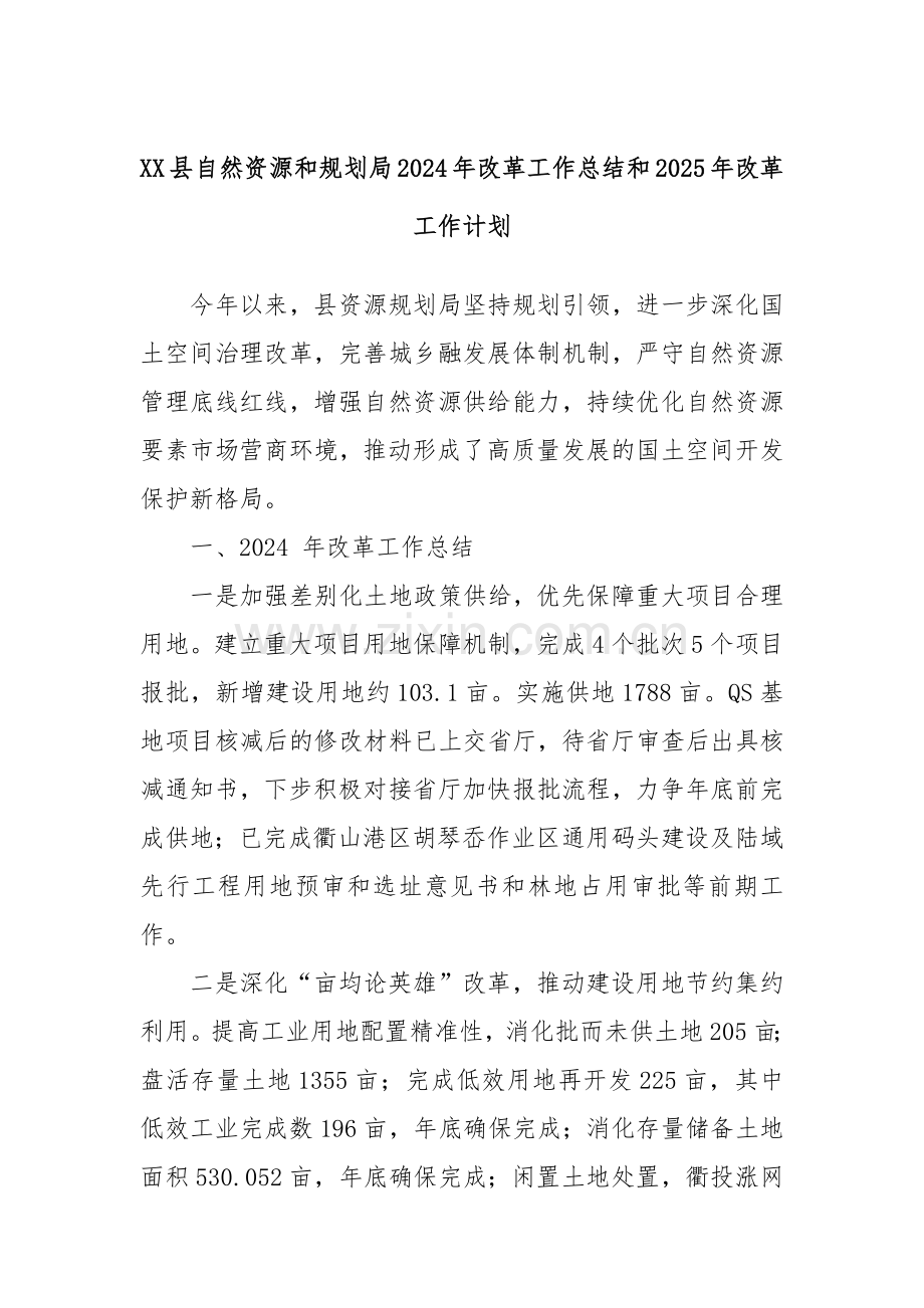 XX县自然资源和规划局2024年改革工作总结和2025年改革工作计划.docx_第1页