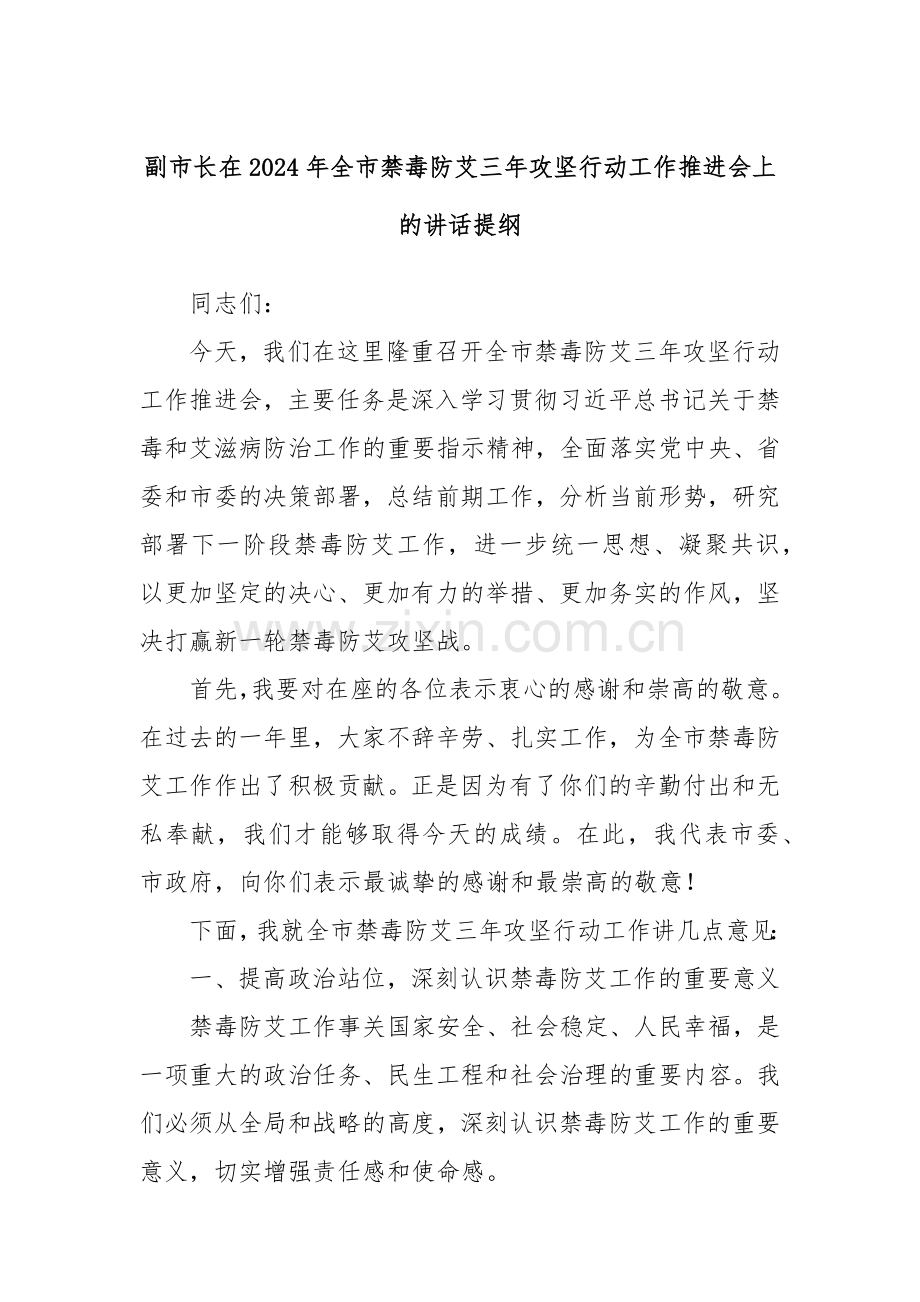 副市长在2024年全市禁毒防艾三年攻坚行动工作推进会上的讲话提纲.docx_第1页