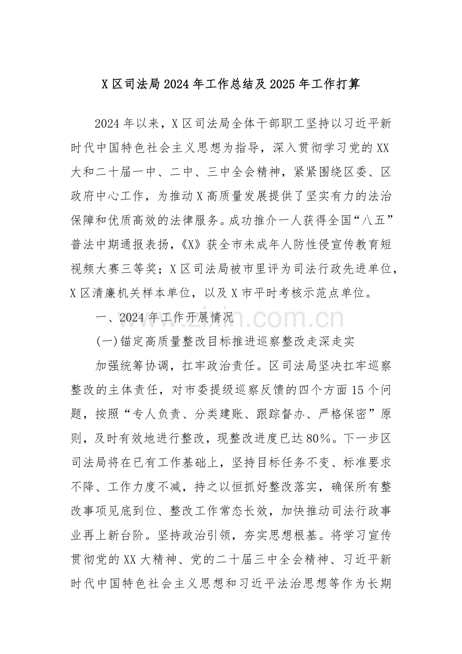 X区司法局2024年工作总结及2025年工作打算.docx_第1页