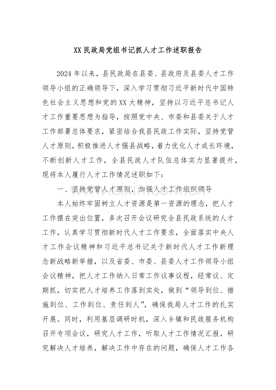XX民政局党组书记抓人才工作述职报告.docx_第1页