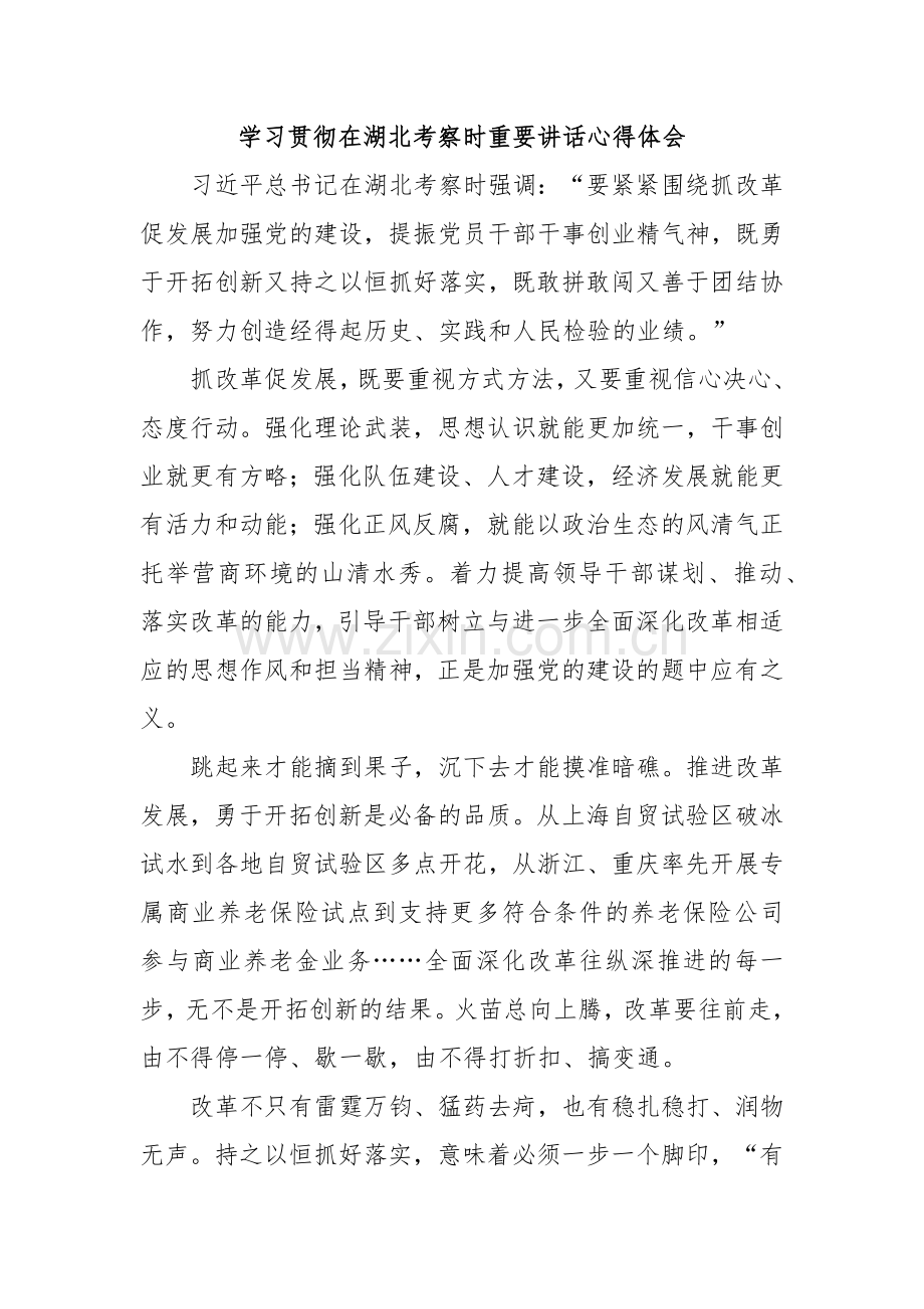 学习贯彻在湖北考察时重要讲话心得体会.docx_第1页