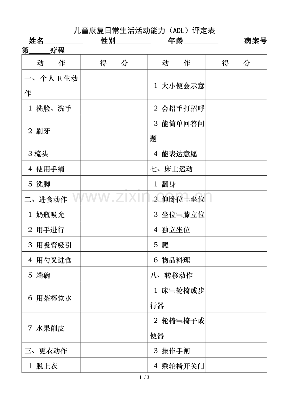 表格文书儿童康复日常生活活动能力(ADL)评定表.doc_第1页