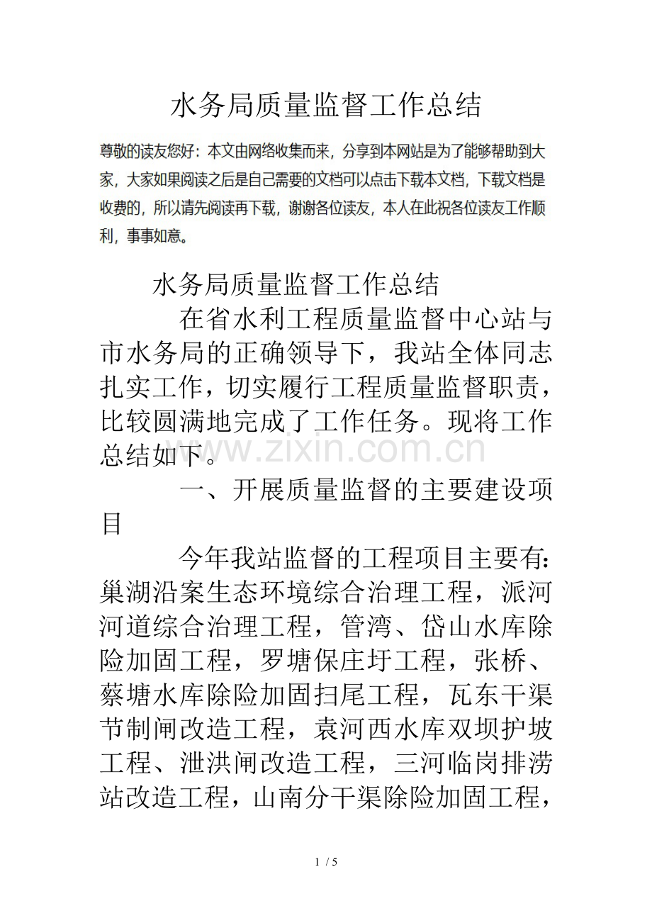 水务局质量监督工作总结.doc_第1页