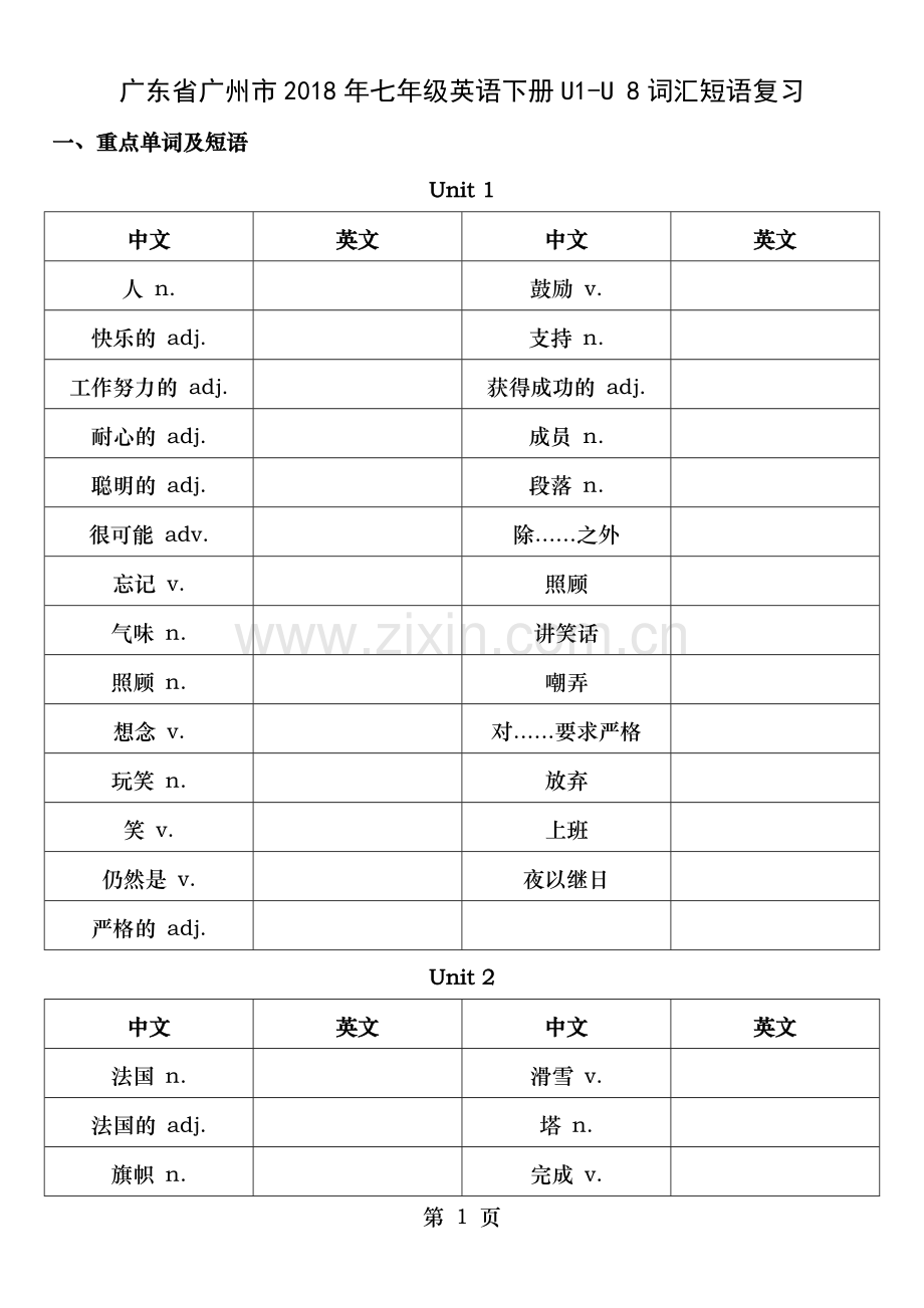 广东省广州市牛津深圳版七年级英语下册Unit1-8词汇短语复习-无答案.doc_第1页