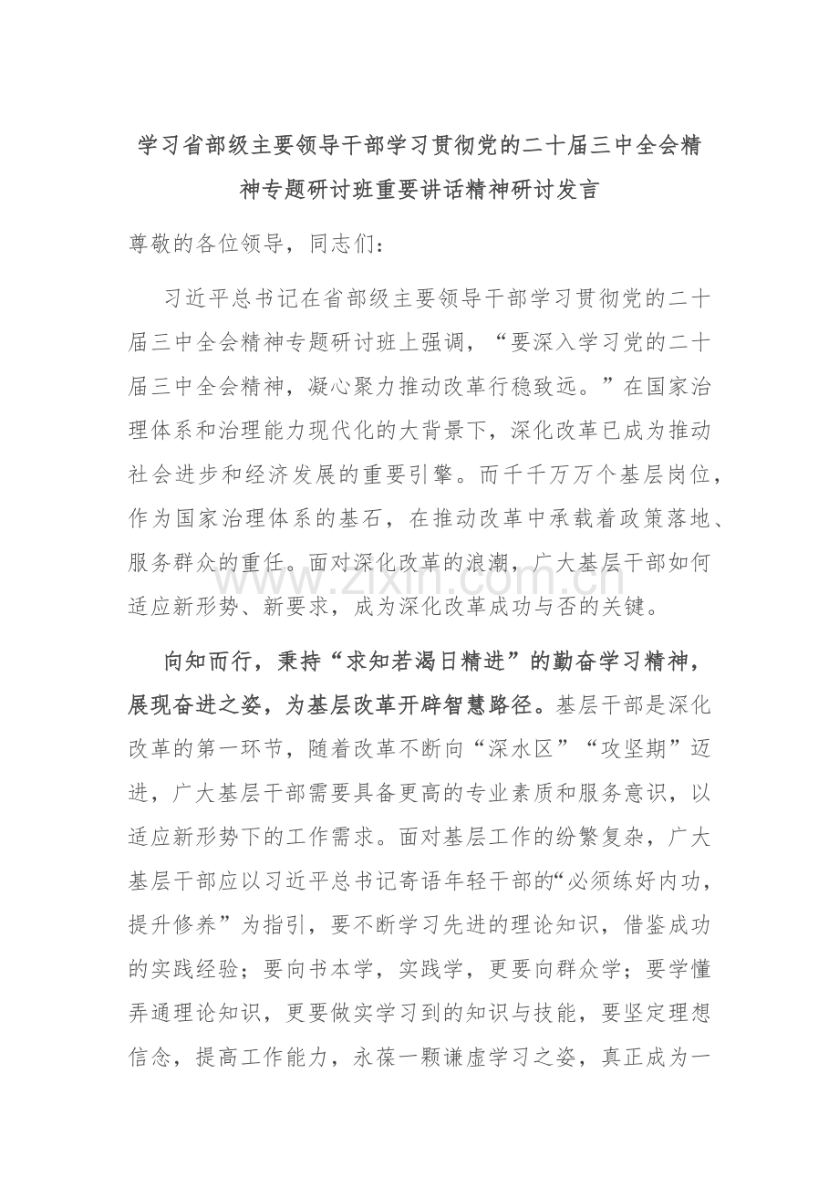 学习省部级主要领导干部学习贯彻党的二十届三中全会精神专题研讨班重要讲话精神研讨发言.docx_第1页