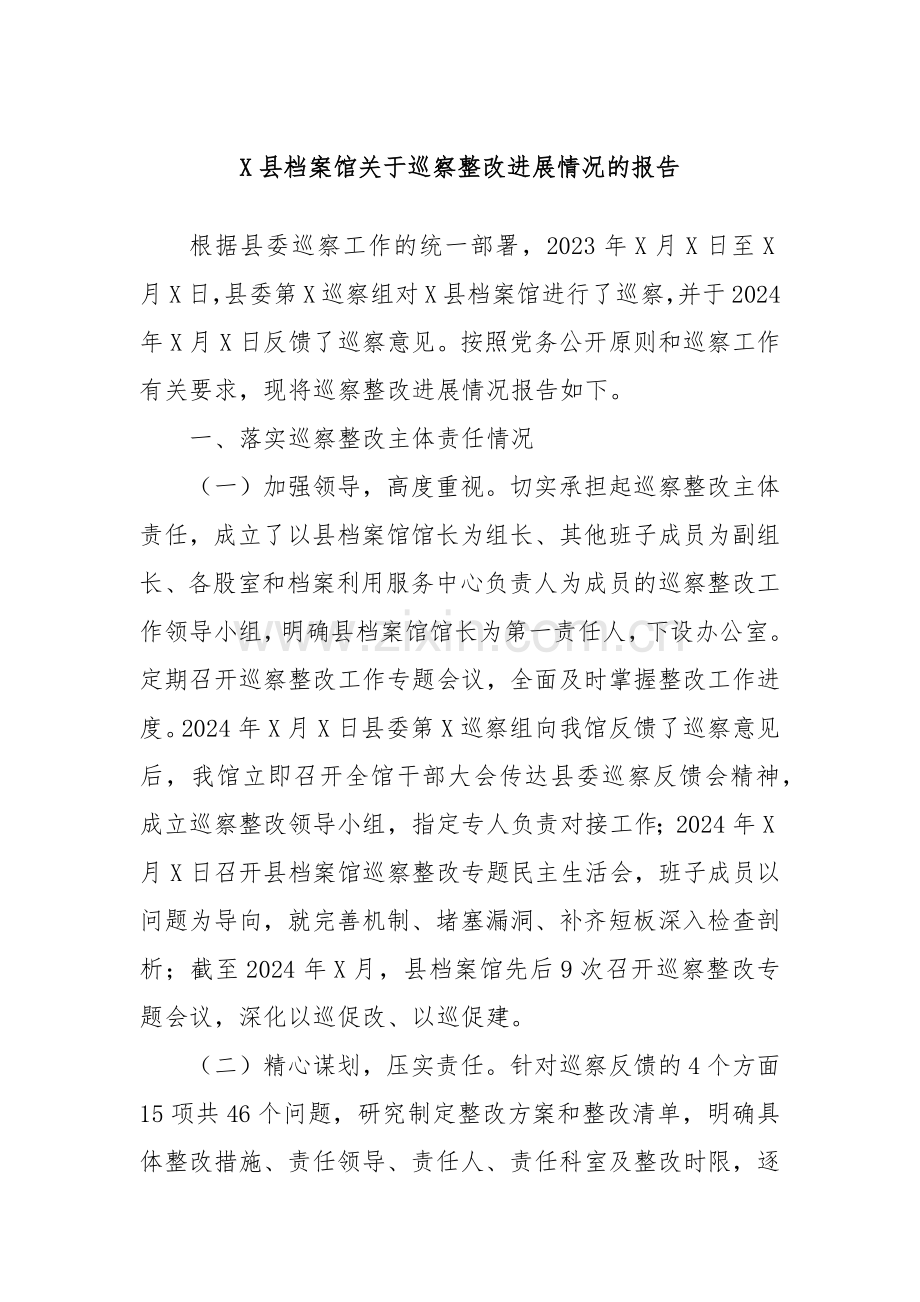 X县档案馆关于巡察整改进展情况的报告.docx_第1页
