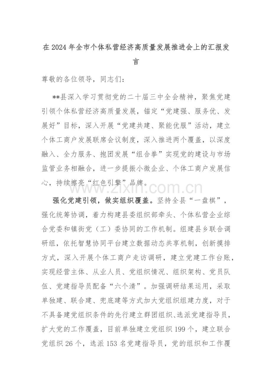 在2024年全市个体私营经济高质量发展推进会上的汇报发言.docx_第1页