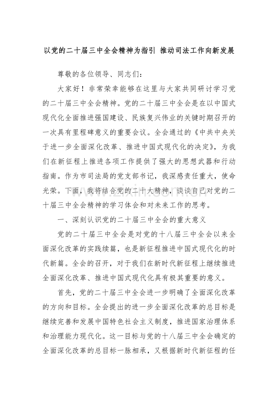 以党的二十届三中全会精神为指引 推动司法工作向新发展.docx_第1页