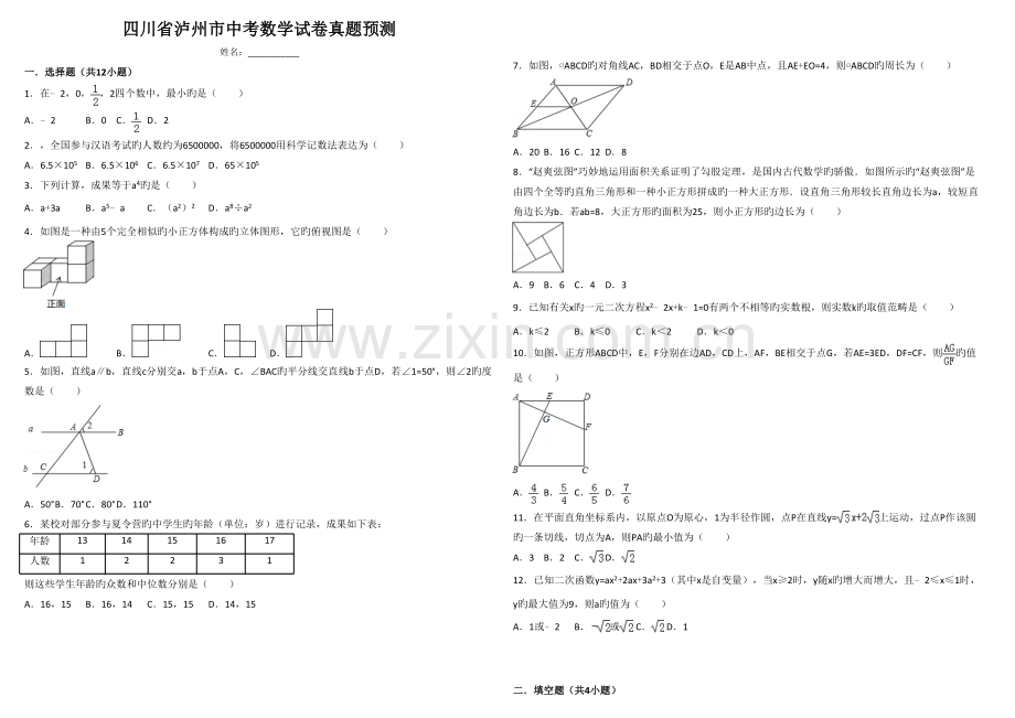 2022年四川省泸州市中考数学试卷真题预测.doc_第1页