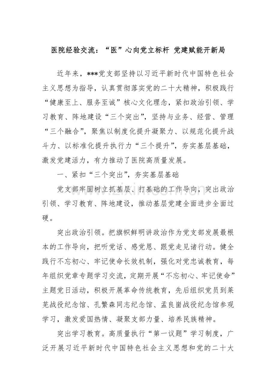医院经验交流：“医”心向党立标杆 党建赋能开新局.docx_第1页