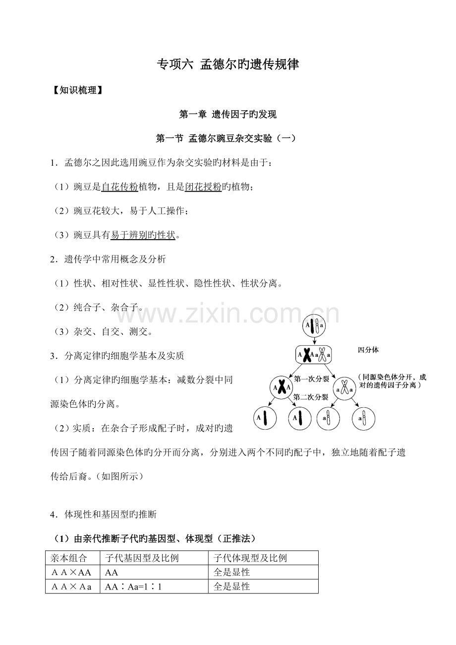 2022年学业水平考试生物复习专题六孟德尔的遗传规律.doc_第1页