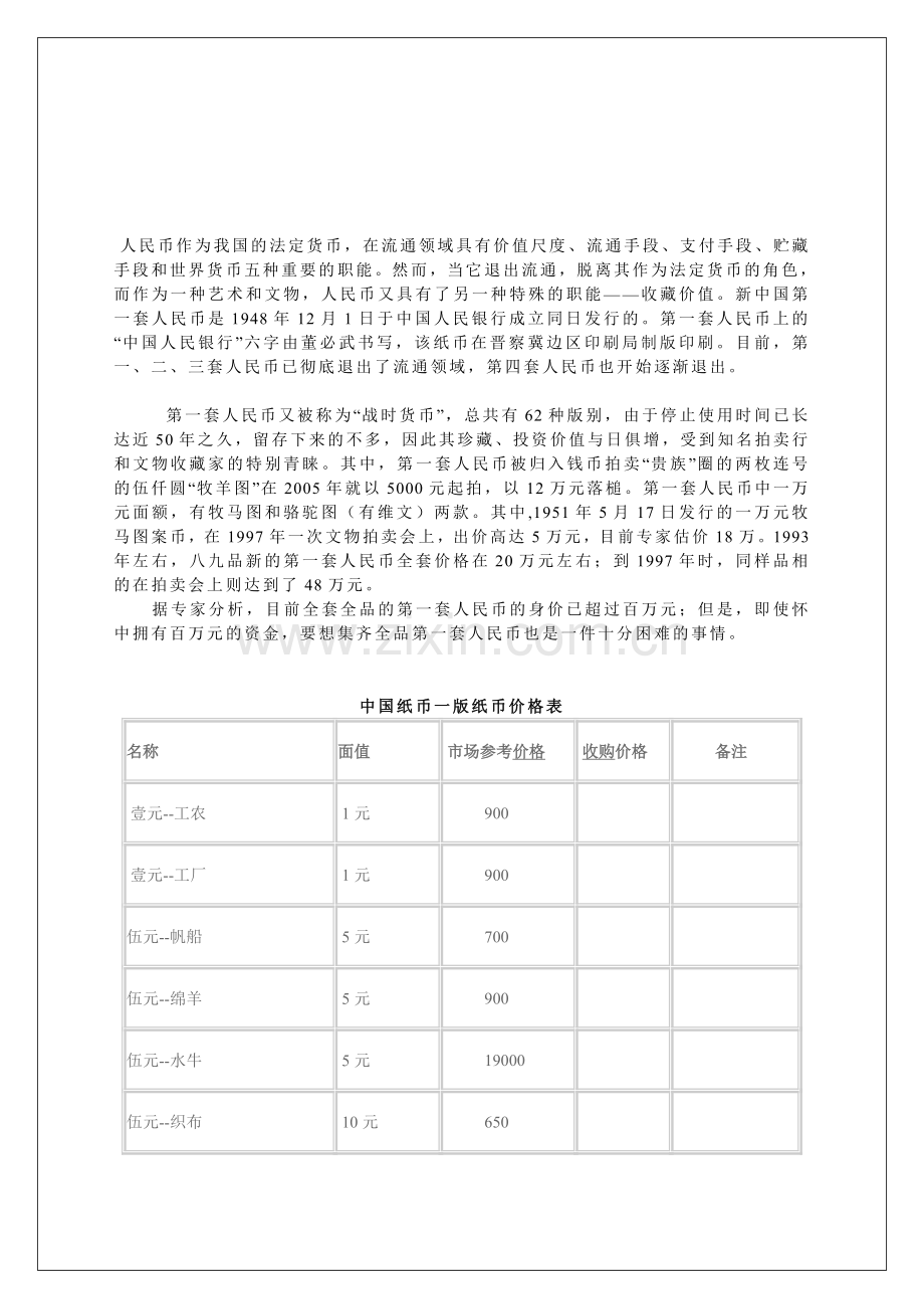中国纸币收躲价格表.doc_第1页