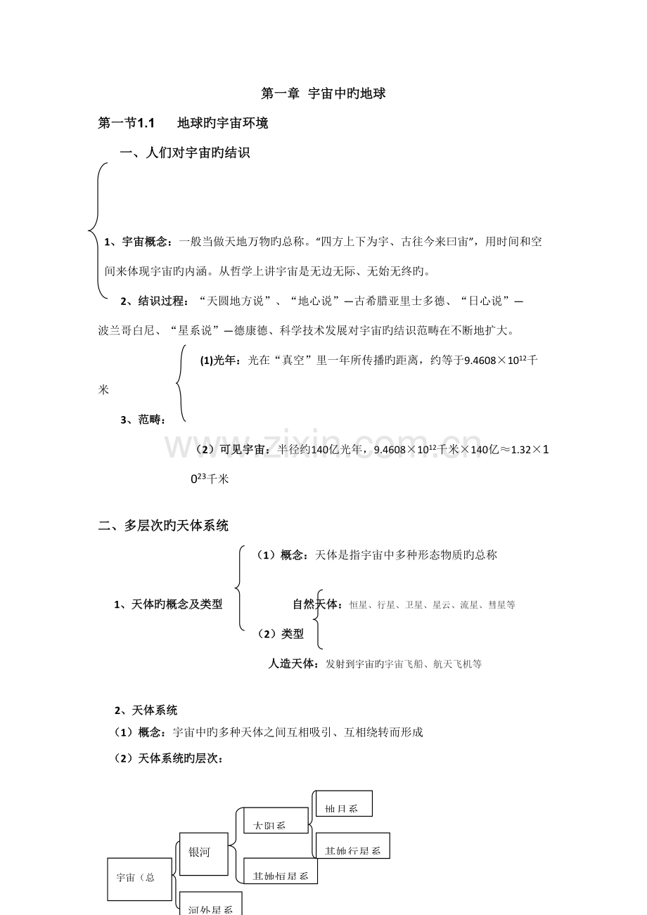 2022年高一地理必修一宇宙中的地球知识点总结详细版.docx_第1页