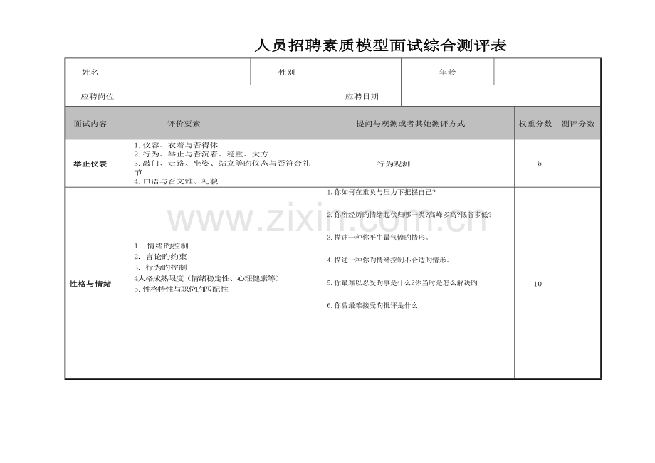 2022年招聘面试素质模型测评表.doc_第1页