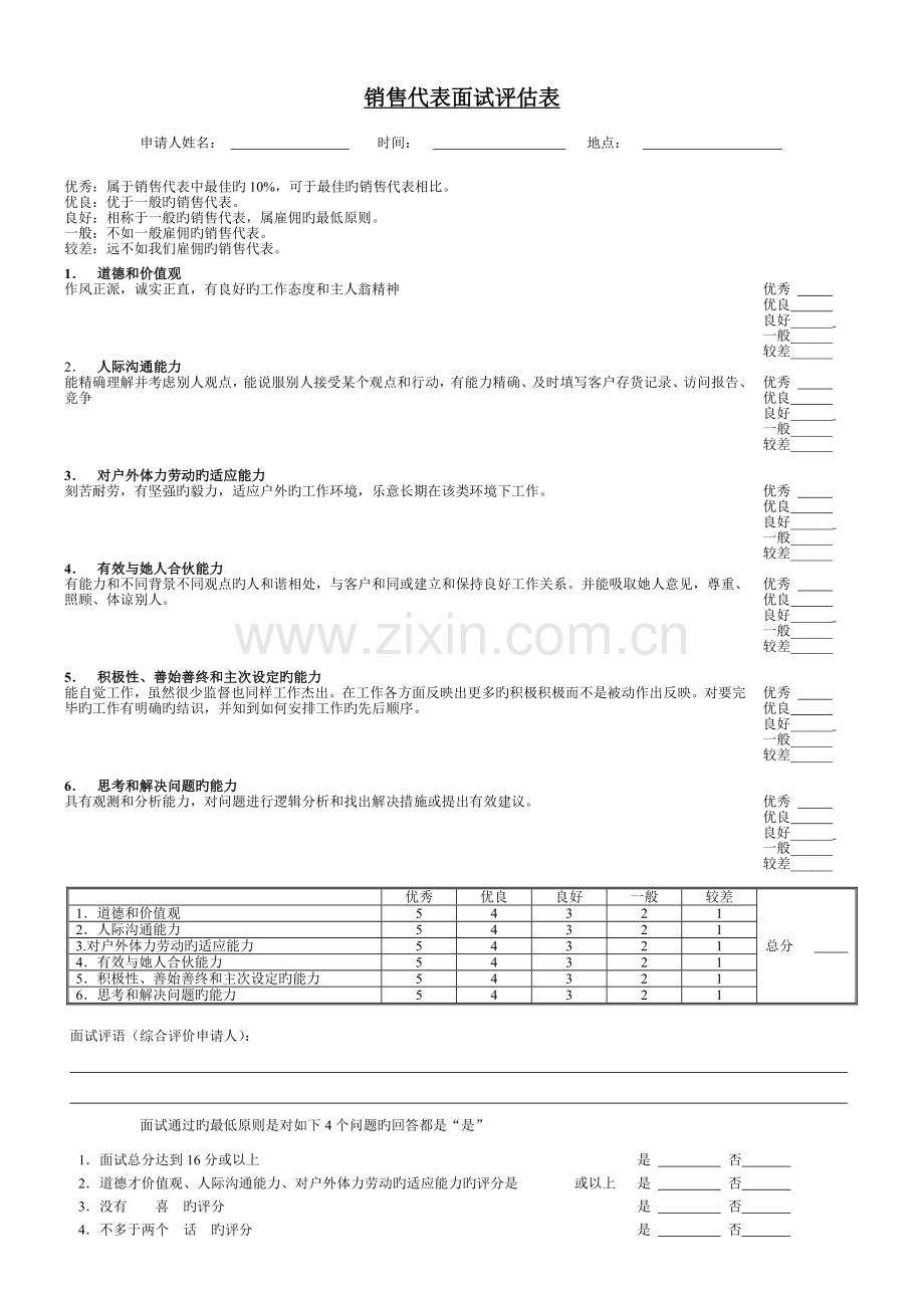 2022年销售代表面试评估表.doc_第1页