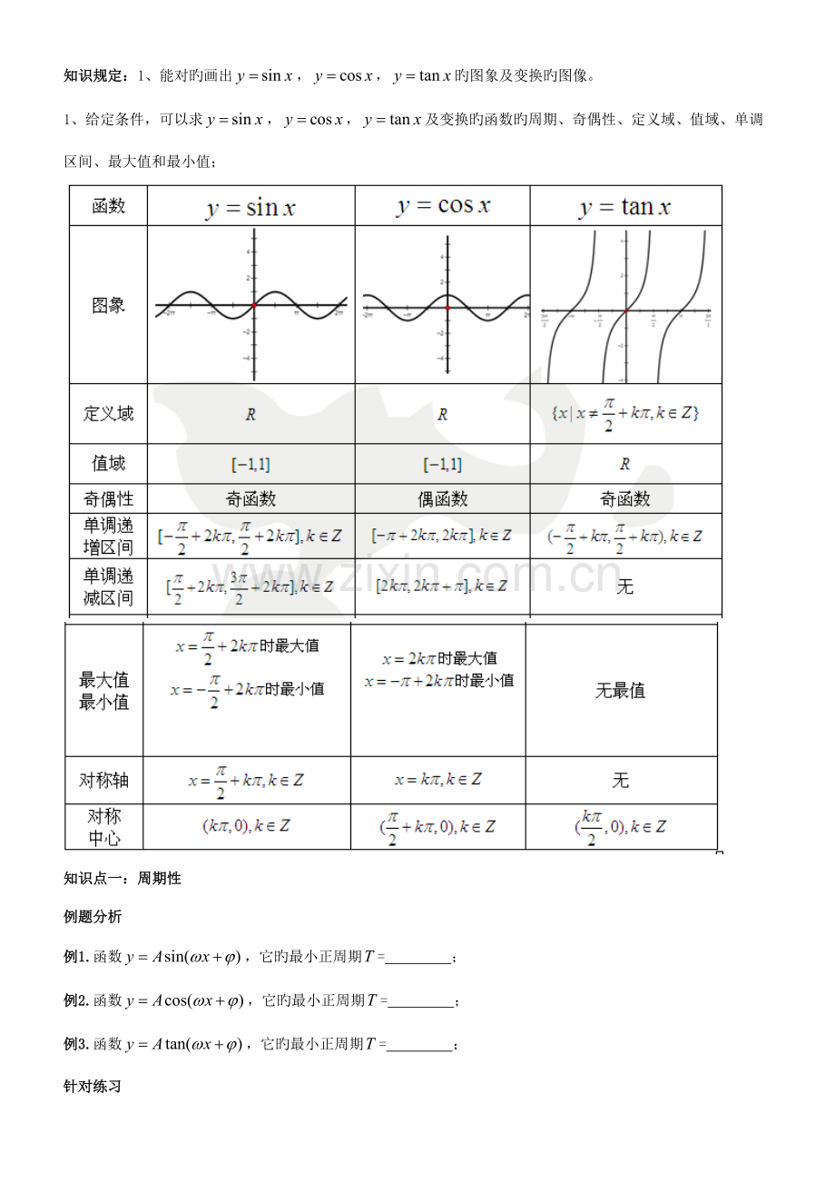 2022年三角函数的周期性奇偶性单调性知识点和练习.doc_第1页