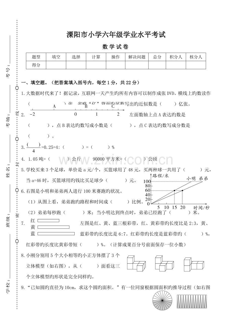 2022年六年级下册数学试卷溧阳市小学六年级学业水平考试苏教版.doc_第1页