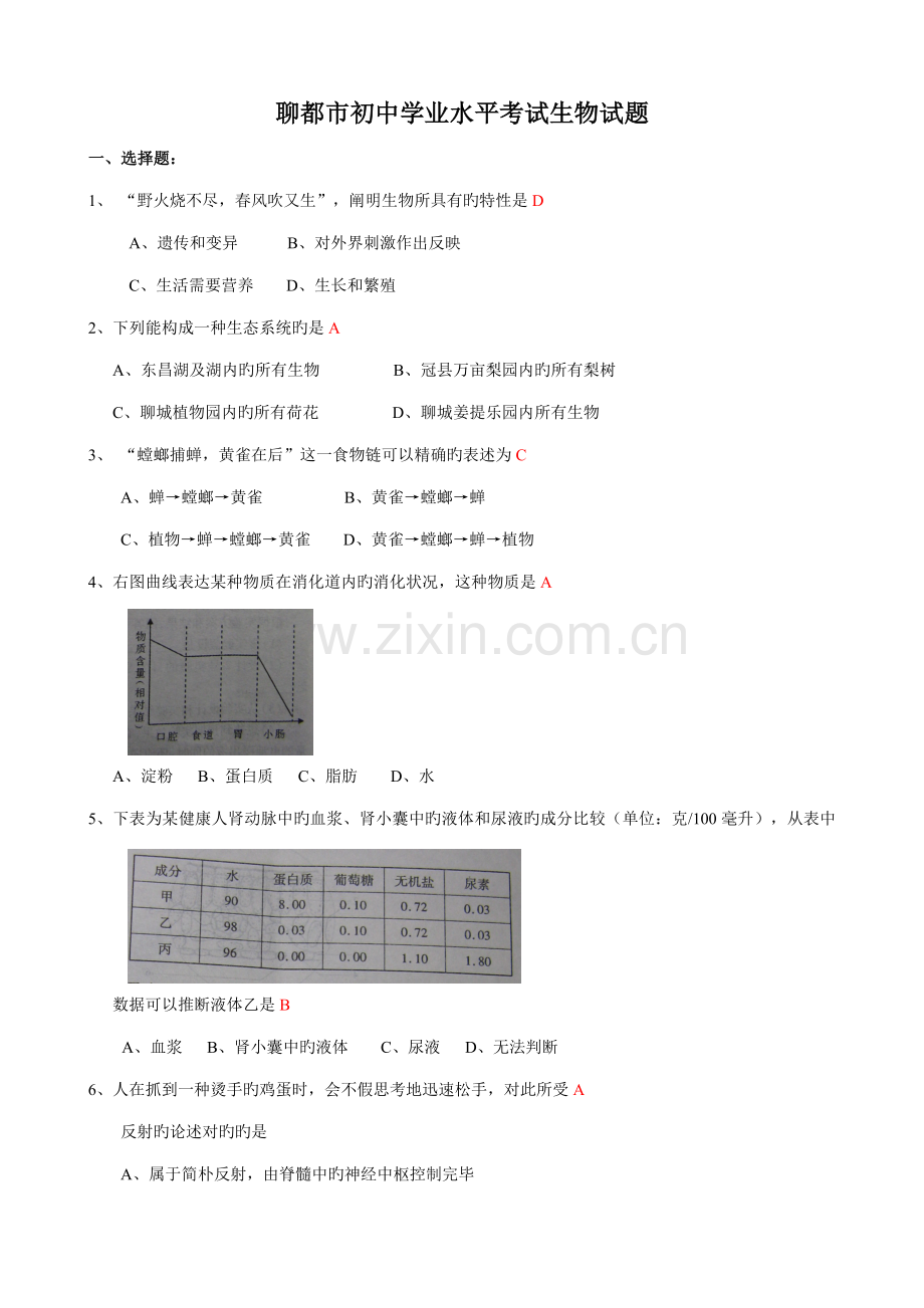 2022年聊城市初中学业水平考试生物试题.doc_第1页